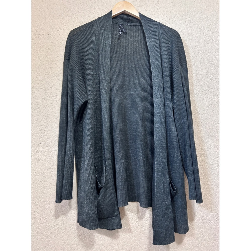 Eileen Fisher XL Ribbed Linen Cardigan Charcoal Grey Minimalist Sweater